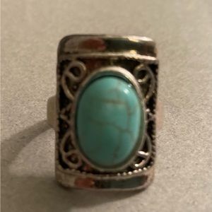 Antique Finish Filigree Silver Plated Turquoise Ring